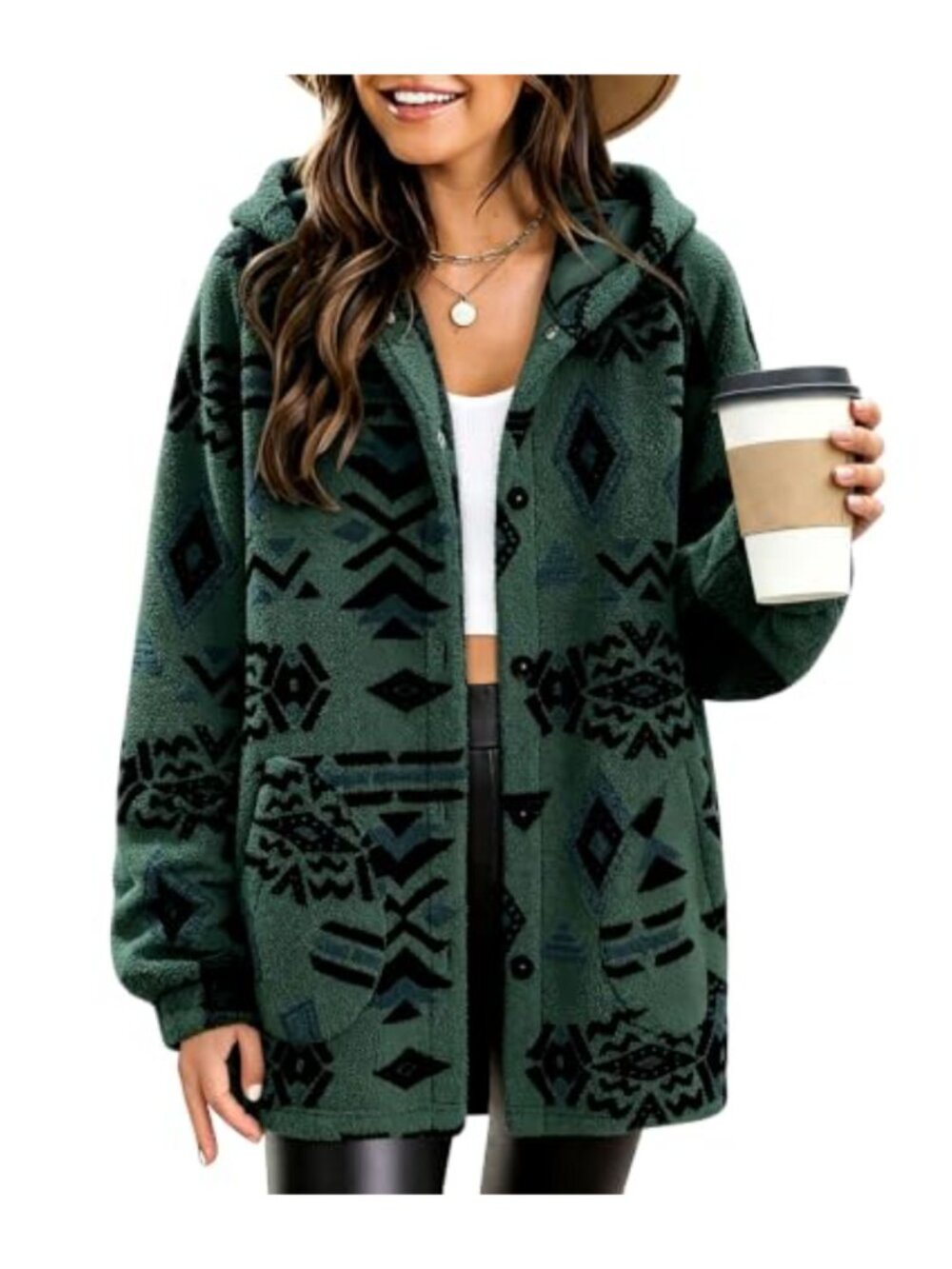 SELINK Women's Aztec Print Fleece Hoodie Jacket Button Down Shacket Sherpa Coat